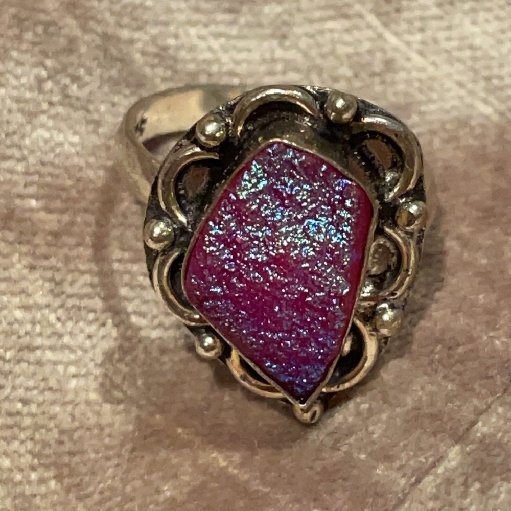 Purple Quartz Iridescent Druzy Quartz Ring 925 Sterling Silver